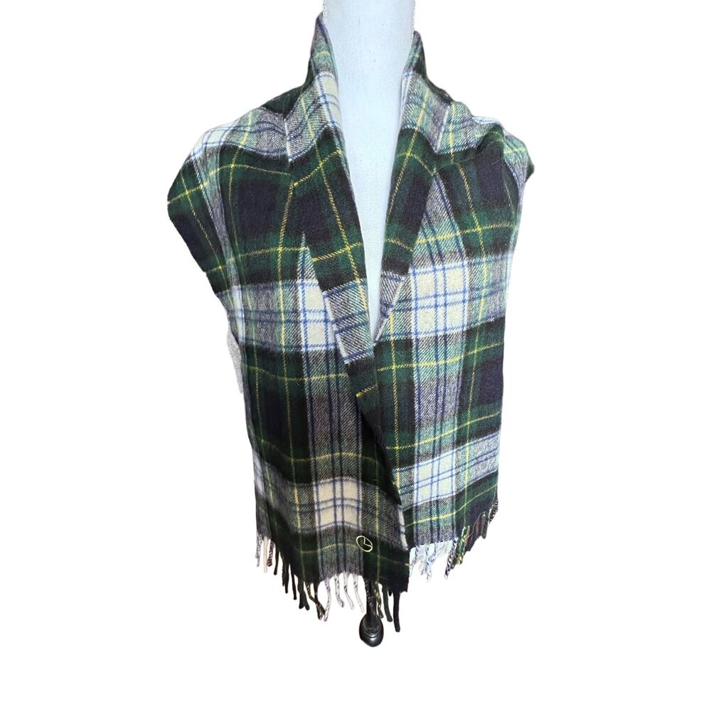 GoldLion 100% Wool Scarf Made‎ In Scotland Green White Plaid Fringe 56" Winter